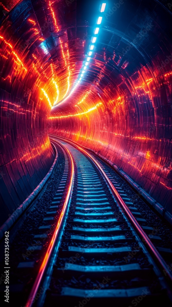 Poster abstract converging lines and shapes in a bright colorful tunnel with dynamic lighting effects, repr
