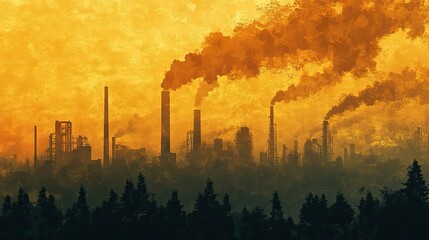 Silhouette of an industrial complex emitting thick plumes of smoke against a vibrant orange sky
