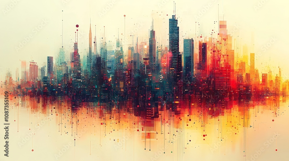 Poster abstract cityscape visualization created entirely from data points in a vibrant and dynamic color pa