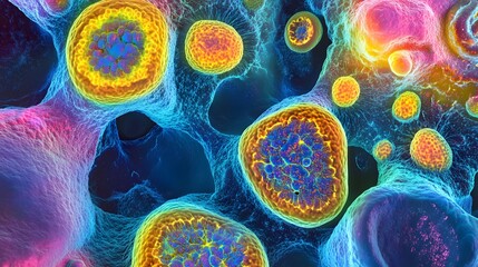 Glowing induced pluripotent stem cells, intricate structures, vibrant hues, microscope