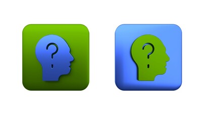 Colorful Human head with question mark icon isolated on white background. Square button. 3D render illustration