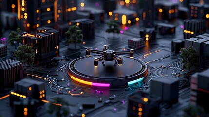 Obraz premium A futuristic drone on a vibrant circuit board surrounded by digital cityscape, symbolizing advanced technology and innovation.