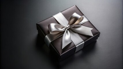 Fototapeta premium A simple elegant gift box with a silver satin ribbon bow on a black background.