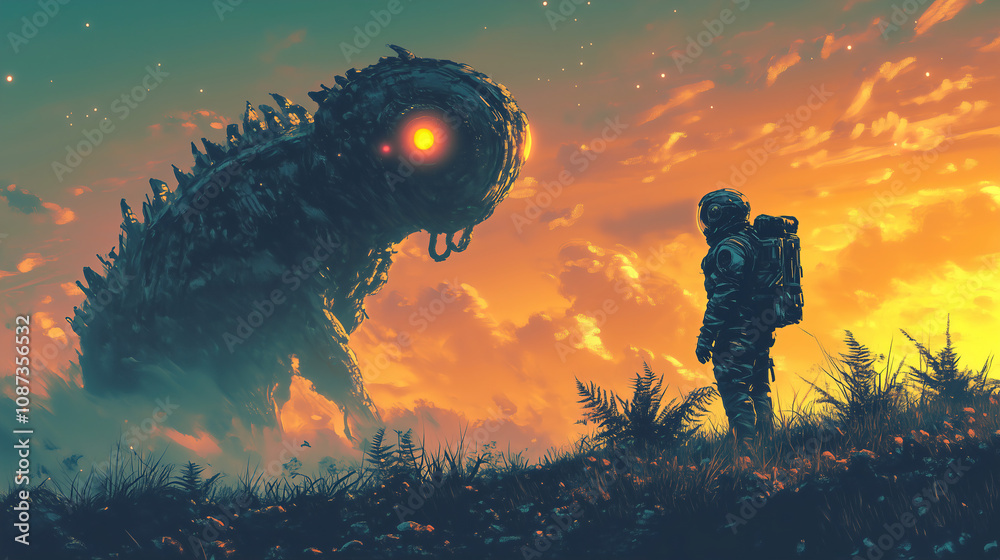 Poster astronaut encounters mysterious creature in alien landscape during vibrant sunset. generative ai