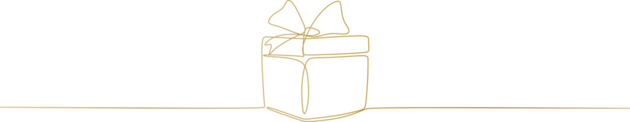 One continuous line drawing of birthday gift box with ribbon and bow