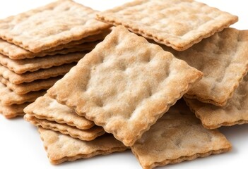A pile of whole wheat flour crackers on a white background