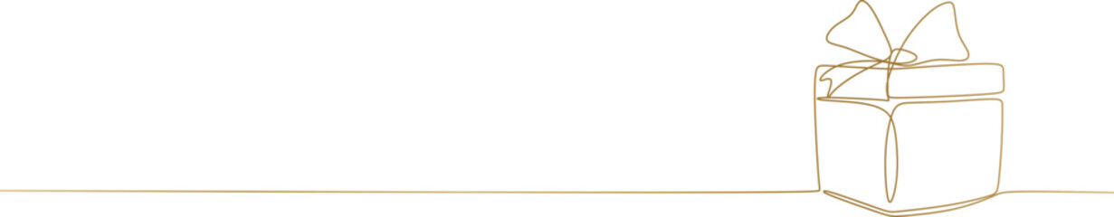 One continuous line drawing of birthday gift box with ribbon and bow