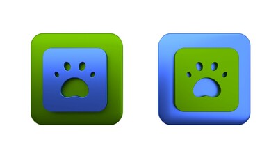 Colorful Paw print icon isolated on white background. Dog or cat paw print. Animal track. Square button. 3D render illustration