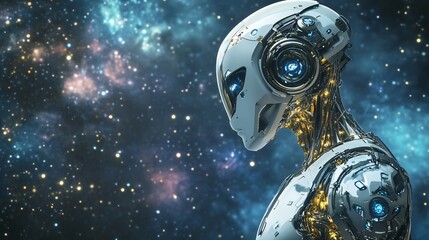 Fototapeta premium Futuristic robot reflection outer space digital art cosmic environment side view ai and humanity concept