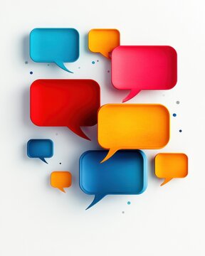 A vibrant composition of colorful speech bubbles in various sizes, representing communication, dialogue, and interaction.