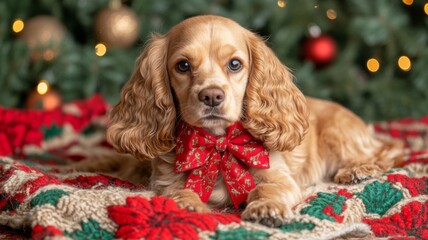 Golden Cocker Spaniel Puppy Wearing a Red Bow Tie on a Christmas Blanket
