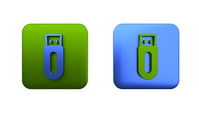 Colorful USB flash drive icon isolated on white background. Square button. 3D render illustration