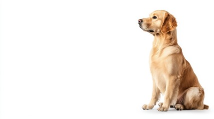A golden retriever sitting gracefully with a serene expression, showcasing its beautiful fur against a white background.