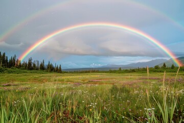 Obraz premium Double Rainbow Arcs Over Lush Meadow with Wildflowers Beautifully