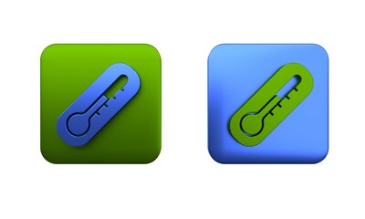 Colorful Meteorology thermometer measuring heat and cold icon isolated on white background. Thermometer equipment showing hot or cold weather. Square button. 3D render illustration