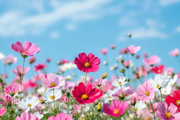 Obraz premium Vibrant cosmos flower field with pink and white blooms under blue sky, creating cheerful and serene atmosphere