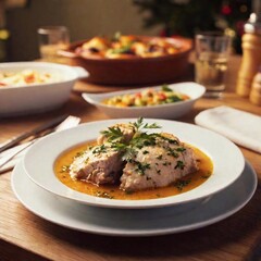 delicious turkey dinner with christmas food on table in festive setting