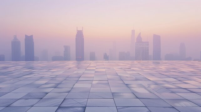 Empty square floor with city skyline background, City skyline with a cybernetic pulse, digital networks and technological advancements pulsating through the urban landscape