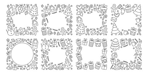 Christmas and new year frames with copy space and monochrome holiday line doodle elements set