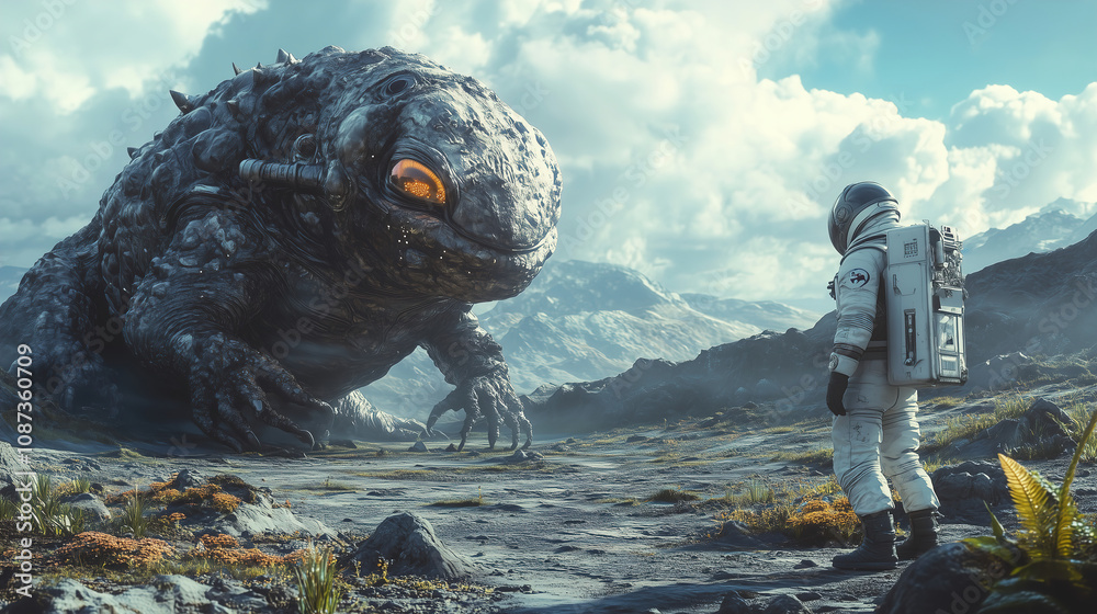 Poster An astronaut encounters a gigantic alien creature on a distant planet under a bright blue sky with mountains in the background. Generative AI