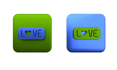 Colorful Love text icon isolated on white background. Valentines day greeting card template. Square button. 3D render illustration