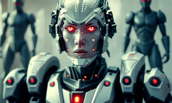 Realistic portrayal of female android face video animation. Head with exposed internal mechanics animated footage HD clip seamless motion graphics. Technological complexity concept