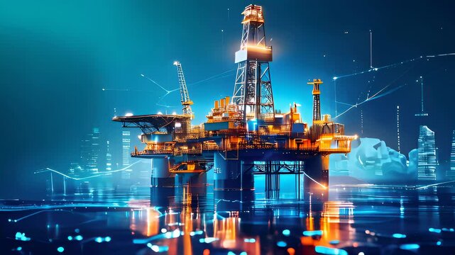 A futuristic offshore oil rig illuminated against a cityscape. The vibrant blue and orange tones suggest technology and progress.