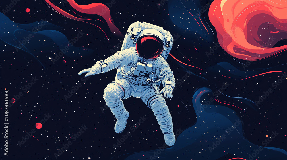 Poster an astronaut floats in the vastness of space surrounded by colorful cosmic clouds and stars. generat