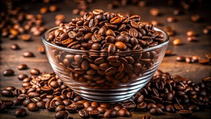 Fototapeta premium A glass bowl filled with roasted coffee beans, surrounded by scattered beans on a rustic wooden surface.