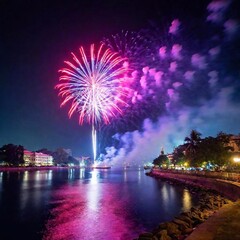 showcasing a Diwali fireworks display, taken with a medium shot and eye-level shot. The rack focus technique highlights the brilliance of the fireworks while the background remains gently blurred, add