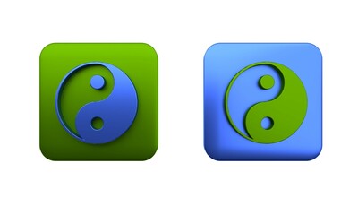 Colorful Yin Yang symbol of harmony and balance icon isolated on white background. Square button. 3D render illustration