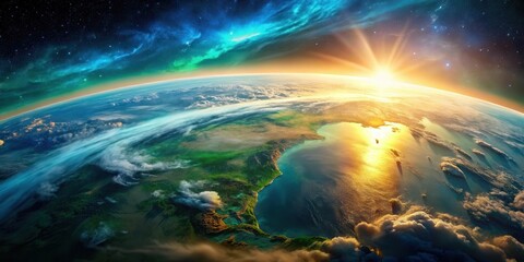 A celestial sunrise over a vibrant, earthly landscape, with a cosmic nebula stretching across the starry sky