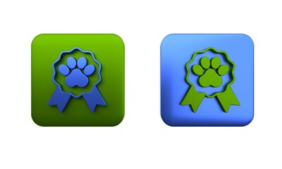 Colorful Pet award symbol icon isolated on white background. Badge with dog or cat paw print and ribbons. Medal for animal. Square button. 3D render illustration