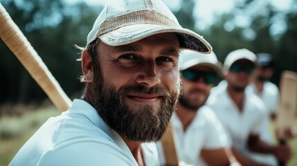 A cheerful cricket player wearing sports attire and a cap is holding a bat, signifying camaraderie and team spirit under sunny skies, with teammates in background.