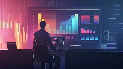 A Man Analyzing Data on Large Screens in a Dark Room