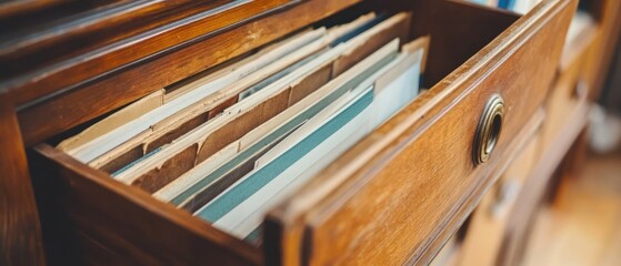 Obraz premium A wooden drawer filled with neatly organized file folders.