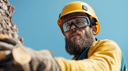 A lumberjack equipped with a hard hat and goggles is seen working on a tree outdoors, reinforcing themes of hard work, safety, and determination in his task.