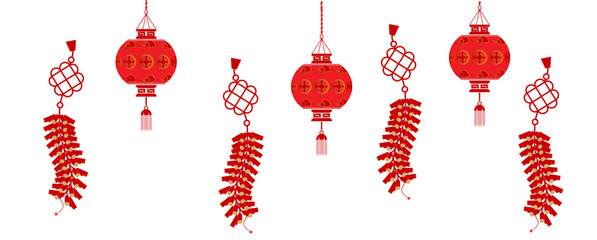 hanging chinese new year greetings ornament elements with background chinese firecrackers and lantern