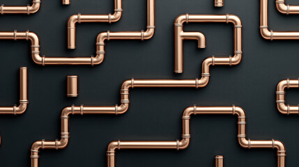 Copper pipes interconnected against a dark textured background, showcasing a complex plumbing system design and industrial concept.