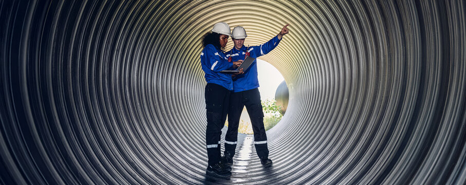 Industry Engineers Walking Inside Circular water Pipe. Engineering or Worker inspection pipe circular. Checking Construction of the water, Oil Natural Gas and fuels Transport Pipeline.