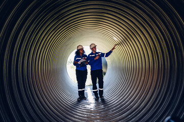 Industry Engineers Walking Inside Circular water Pipe. Engineering or Worker inspection pipe circular. Checking Construction of the water, Oil Natural Gas and fuels Transport Pipeline.