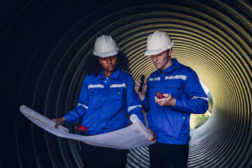 Industry Engineers Walking Inside Circular water Pipe. Engineering or Worker inspection pipe...