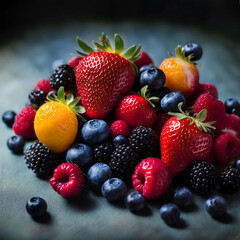 Obraz premium High-quality studio photo of fresh mixed berries including strawberries, blueberries, raspberries, and blackberries 