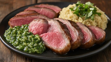 Fototapeta premium Succulent slices of roasted meat served with flavorful sides on a rustic wooden table.