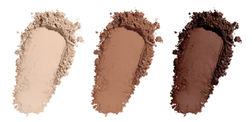 Set swatch texture of brown and beige loose powder for face makeup on an isolated white background. For light, medium and dark skinned women. Eye shadow or sculptor or bronzer