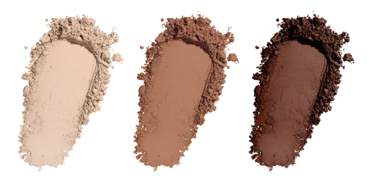 Set swatch texture of brown and beige loose powder for face makeup on an isolated white background. For light, medium and dark skinned women. Eye shadow or sculptor or bronzer