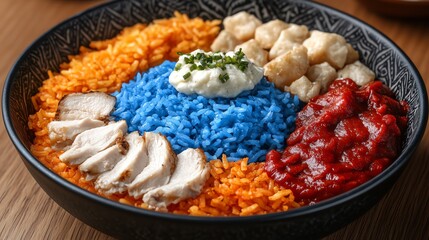 Vibrant rice bowl featuring colorful rice, chicken, and toppings ready to be enjoyed.