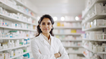 Smiling female indian american pharmacist standing in pharmacy with shelves of medicine in background