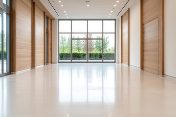 Obraz premium Bright and Minimalist Hallway Featuring Large Windows That Allow Abundant Natural Light and Enhance a Spacious, Airy Atmosphere in a Modern Building Interior