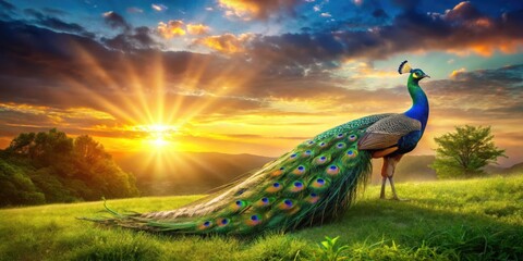 A majestic peacock with its feathers spread wide stands on a lush green meadow with a brilliant sunset in the background.